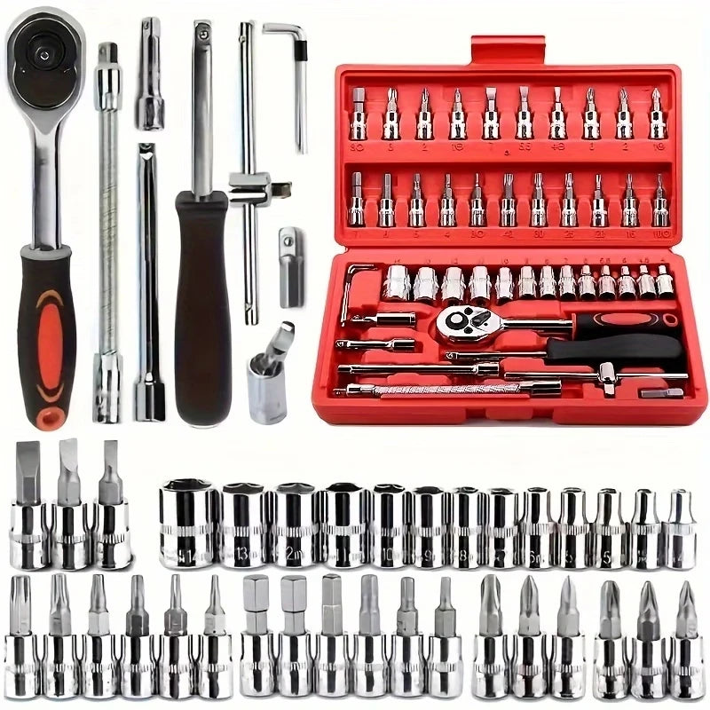 46Pcs Socket Tool Set, Automotive & Motorcycle Repair Tool Kit - Durable Chrome Vanadium Steel, Includes Ratchet Wrenches
