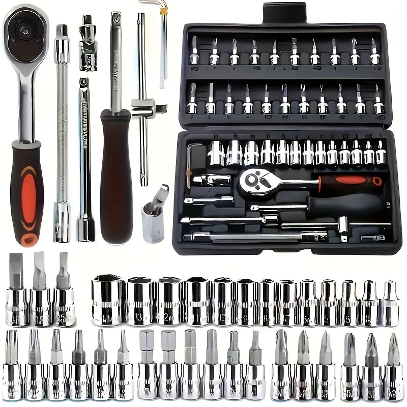 46Pcs Socket Tool Set, Automotive & Motorcycle Repair Tool Kit - Durable Chrome Vanadium Steel, Includes Ratchet Wrenches