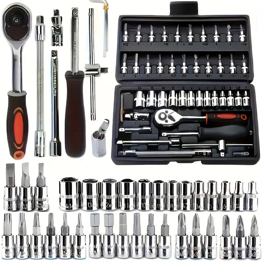 46Pcs Socket Tool Set, Automotive & Motorcycle Repair Tool Kit - Durable Chrome Vanadium Steel, Includes Ratchet Wrenches