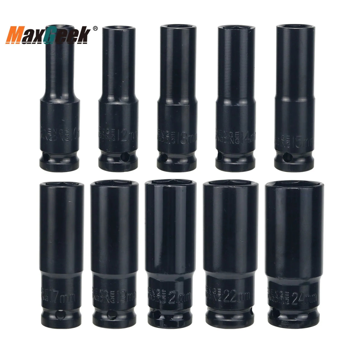 Maxgeek 10PCS Impact Socket Set Metric Long Hex Socket Set with Plastic Storage Box for Electric Wrenches