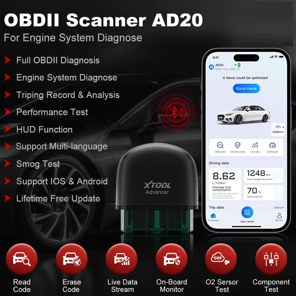 AD20 Bluetooth OBD2 Scanner for Engine System Diagnostic Code Reader HUD Display Perfromance Test Lifetime Free Update