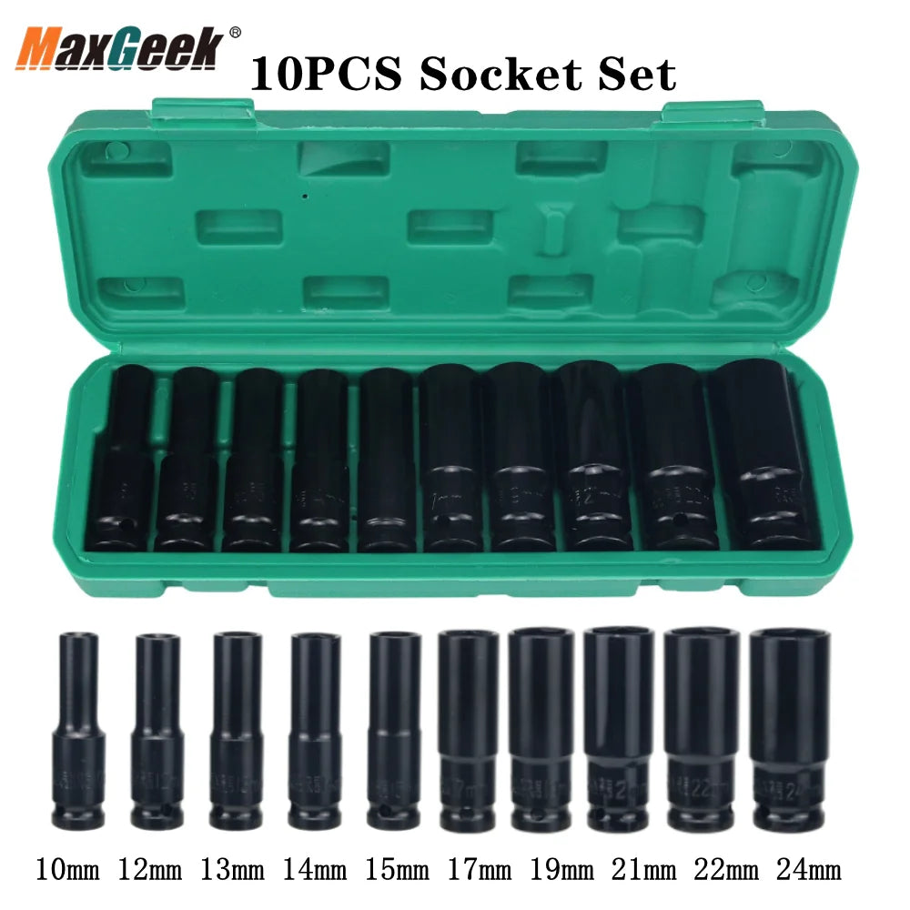 Maxgeek 10PCS Impact Socket Set Metric Long Hex Socket Set with Plastic Storage Box for Electric Wrenches